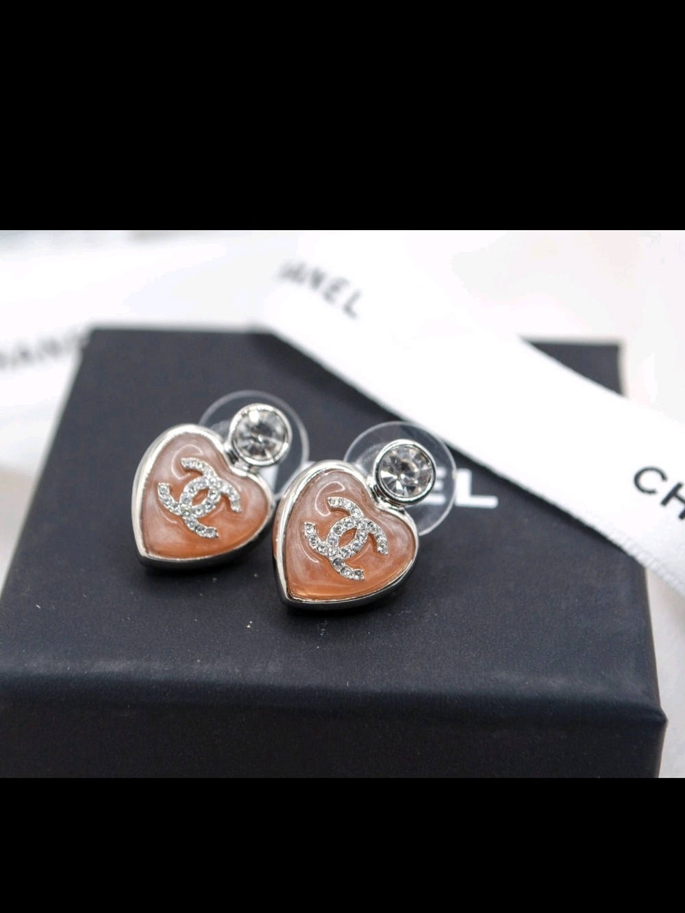 Chanel Pink Heart CC Logo Crystal Stud Earrings